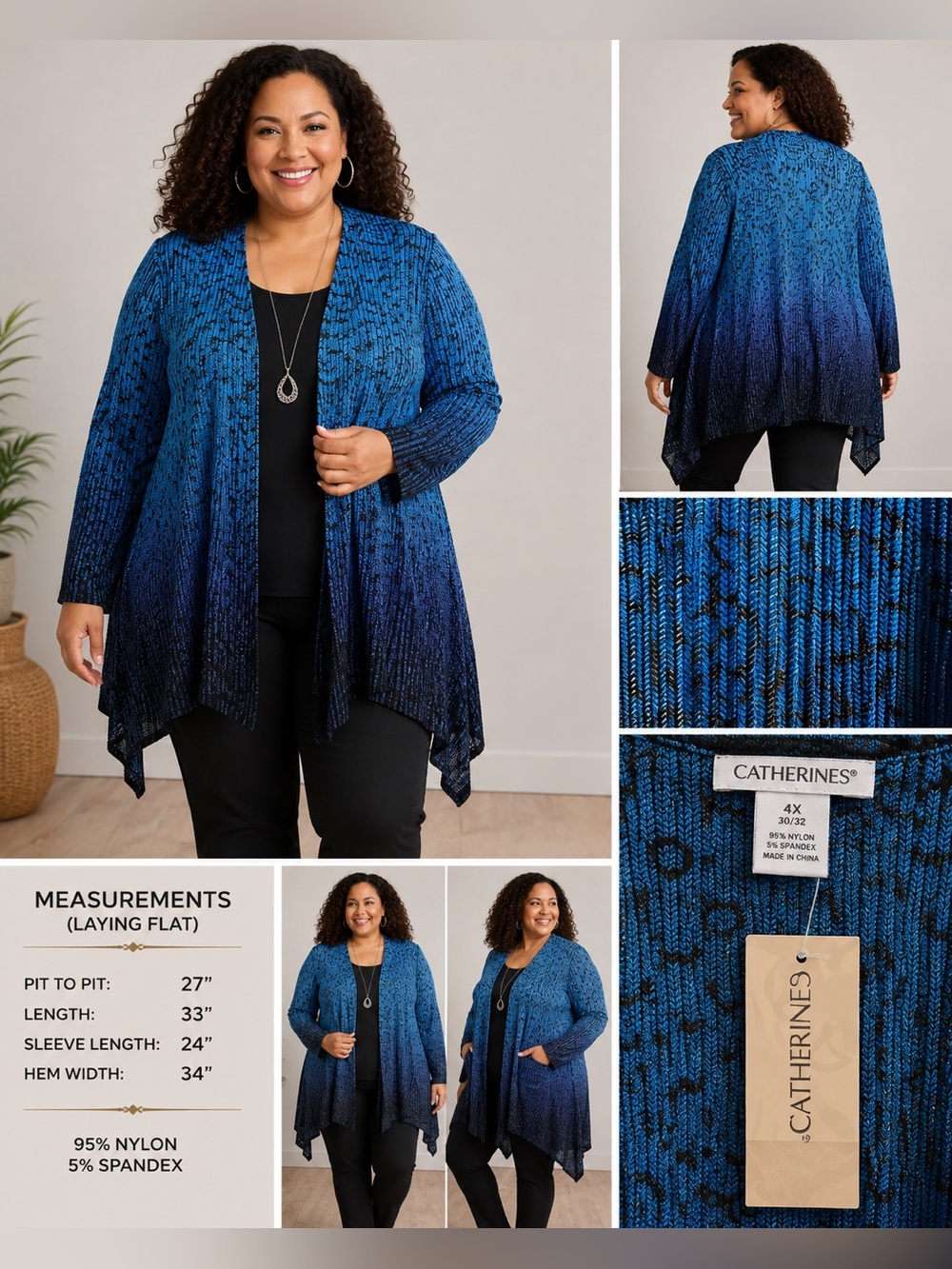 Catherines 4X Blue Black Ombre Open Front Textured Knit Cardigan NWT Plus Size - Picture 2 of 6